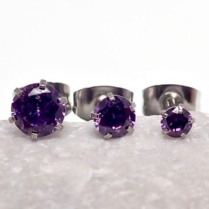 3 Pairs of Surgical Steel Prong Set Violet Cubic Zirconia Gem Stone Stud Earrings ( 3mm, 4mm, 5mm- Helix, Cartilage, Topear )