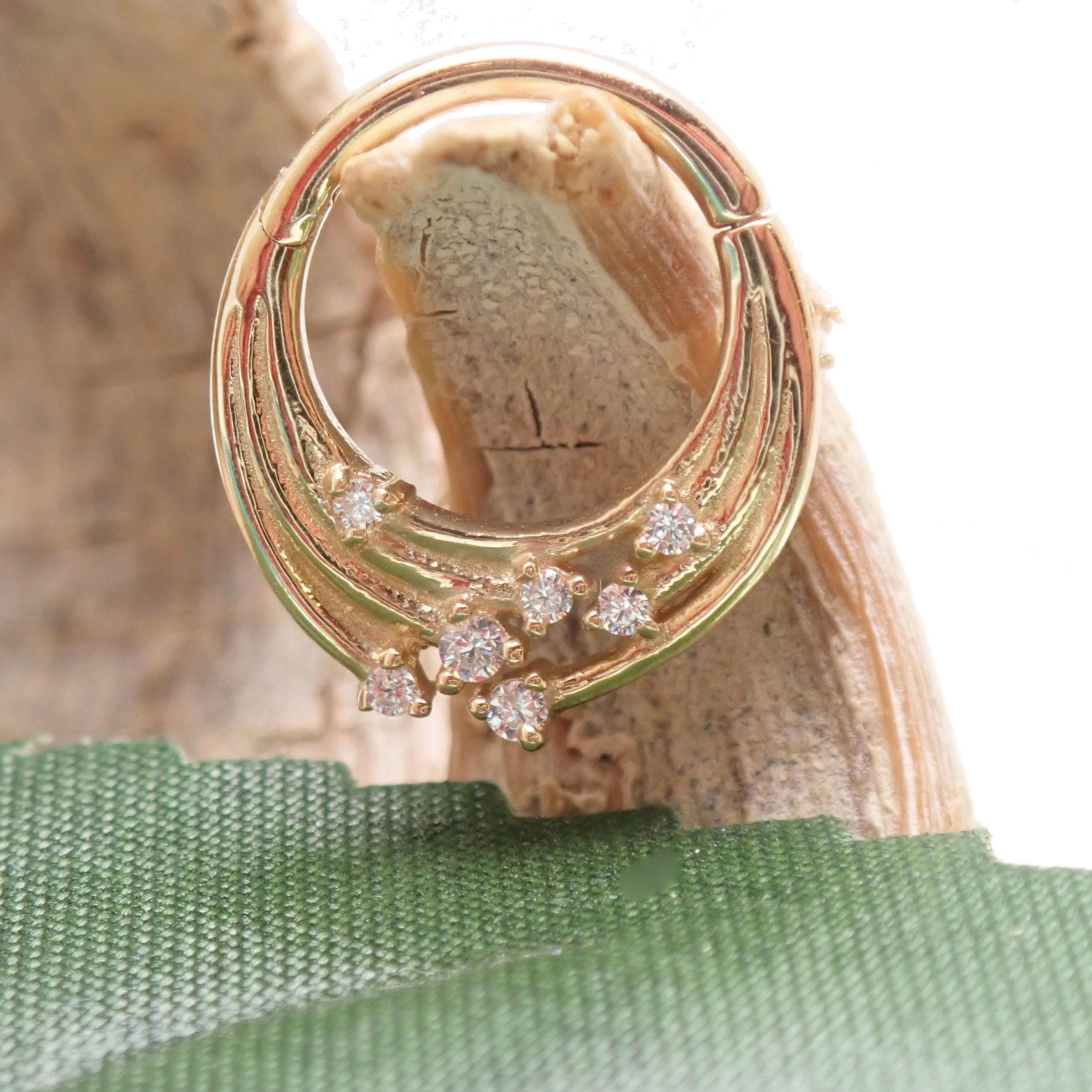 14k Solid Gold  cosmic CZ Hinged Clicker Ring 16g (1.2mm) Septum, Daith, Helix, Cartilage,
