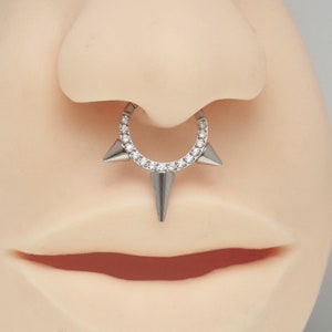 16g implant titanium Tri-Spike & CZ Stone Clicker septum - ASTM F136 implant titanium 8mm, septum piercing with spikes