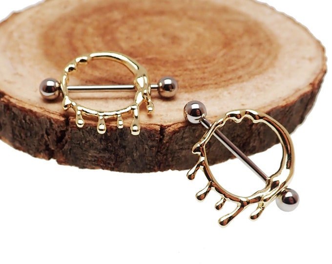 Gold Dripping Nipple Piercings 14g 14mm Surgical Steel Barbell Etsy