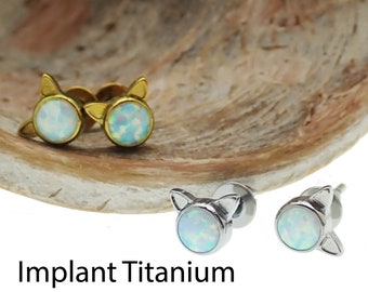 Pair  Implant Titanium Earrings, ASTM F-136 hypoallergenic earrings.  Fire opal Cat earrings