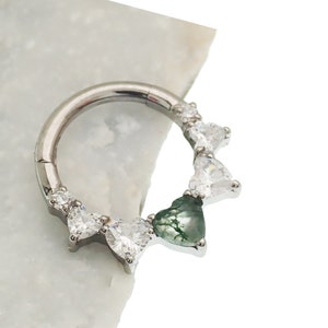 Implant Titanium MOSS AGATE natural stone & CZ  Hinged Clicker Segment Hoop Ring 8mm or 10mm  (Daith,Septum) 16g