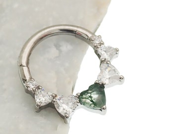 Implant Titanium MOSS AGATE natural stone & CZ  Hinged Clicker Segment Hoop Ring 8mm or 10mm  (Daith,Septum) 16g