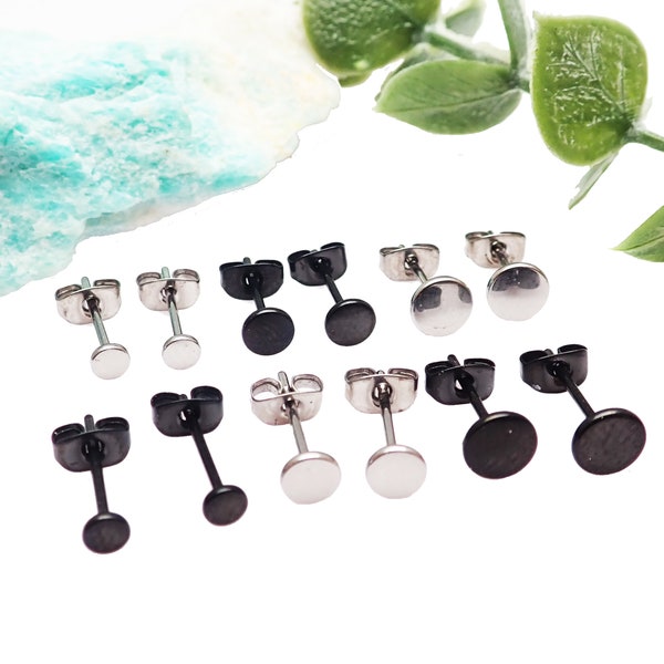 3mm, 4mm, 5mm, Silver or Black Implant-grade Titanium flat disc earring, round disc stud earrings, 100% Hypoallergenic, Sensitive ear