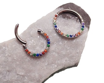 16g Titanium Hinged Septum Ring, Multi CZ Daith Jewelry (8mm, 10mm)
