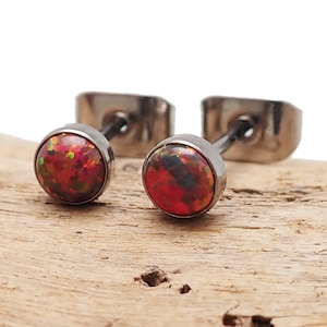 Pair of Dark Cherry Opal 3mm, 4mm, 5mm Implant Titanium Hypoallergenic Earrings - For Sensitive Ears