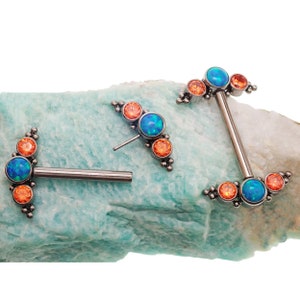 Titanium cute nipple piercing -Peacock blue opal and orange CZ Push Fit Nipple Bar 12g 14g 16g ASTM F136 Implant grade