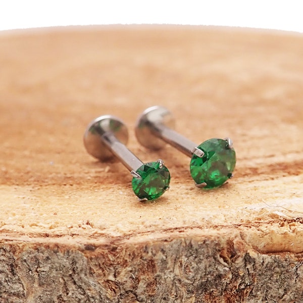Green Emerald CZ Implant Titanium Flatback Earring - 18g, 16g, 14g