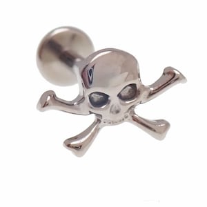 May include: A silver-coloured skull-shaped earring with crossbones. The earring has a post and a round backing. The skull has eye sockets and a nose cavity. The earring is designed for body piercing.