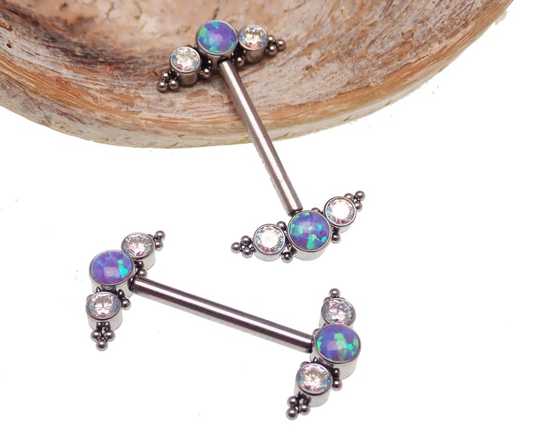 14g Titanium Sleepy Lavender Fire Cabochon Opal Stone Cluster Nipple Rings