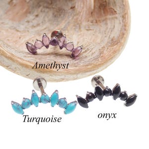 Natural Stone implant Titanium  internally threaded Flatback Piercing 18g, 16g, 14g, onyx, amethyst, turquoise
