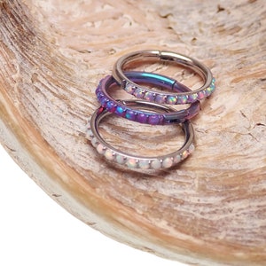 Inlaid Titanium Opal clicker 18g Hinged Clicker Segment Hoop Ring 8mm  (Daith,Septum,Helix,Cartilage,Earring,Tragus,Rook