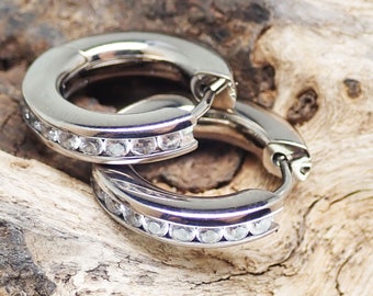 Pure Titanium & Crystal Inlaid Hinged Hoop Earrings PAIR