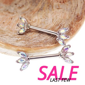Pair nipple petite piercings, 14g rainbow AB stones, 12mm, 14mm sold in pairs surgical steel barbells