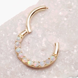 14k Solid Gold Cabochon Opal Hinged Clicker Ring 16g (1.2mm) Septum, Daith, Helix, Cartilage, Tragus, Smiley, Web, Genital