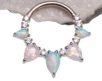 Pink Opalite Arctic Glow opal Titanium Clicker Hoop Fire Opal, CZ Stones, Septum/Helix/Daith Piercing  16g