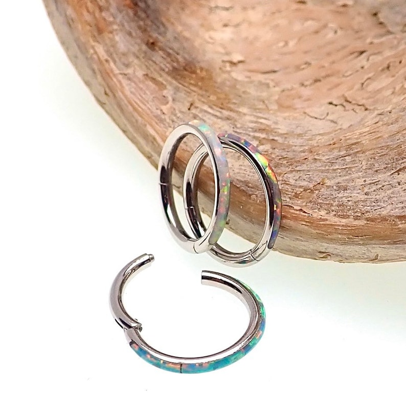 16g Inlaid Opal Surgical Steel Hinged Clicker Segment Hoop Ring Lip, Septum, Daith, Tragus, Nose, Helix, etc...