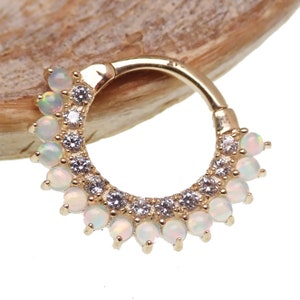 16g opal & CZ  clicker septum, daith ring, helix piercing, eternity hoop piercing, silver, gold, rose gold Dipped, new opal colors added....