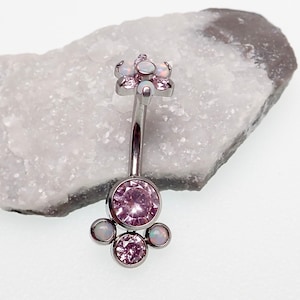 14g Titanium White Fire Opal & Rose Pink Swarovski Crystal Flower Belly Ring