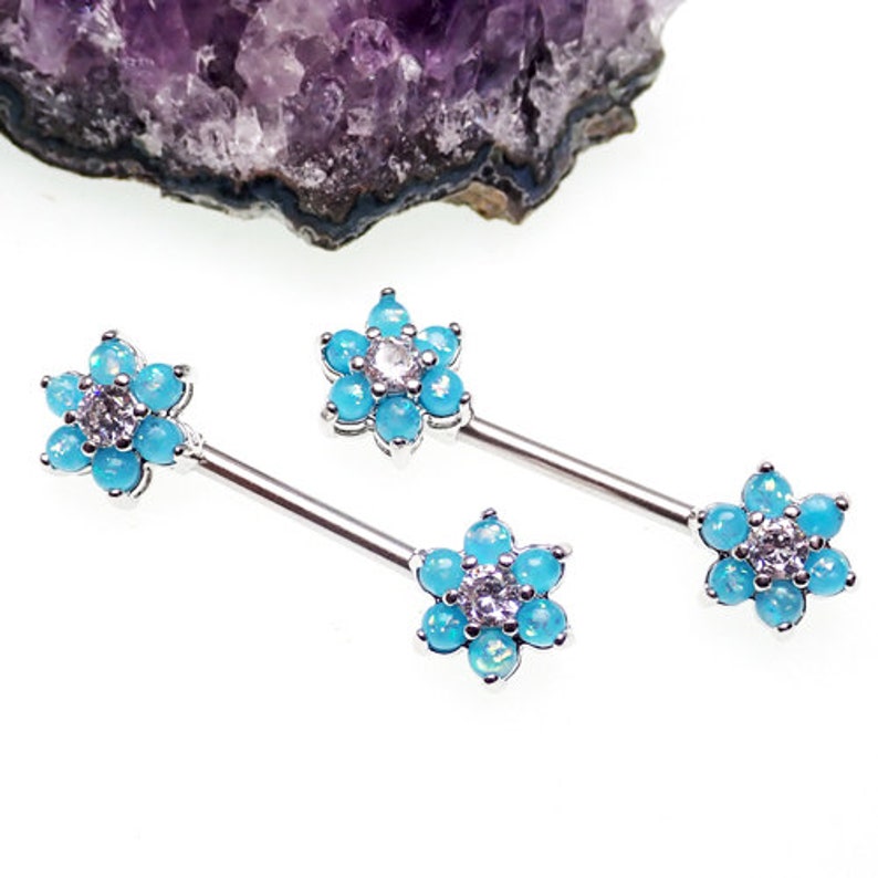 Pair of Blue Opal & Clear CZ Flower Surgical Steel Nipple Bars 14g image 5