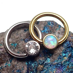 16g Titanium Cabochon Opal or Crystal Gem Stone CBR Hoop Ring ( Cartilage, Lip, Helix, Tragus, Rook, Nipple, Snug, Septum, Smiley, Eyebrow )