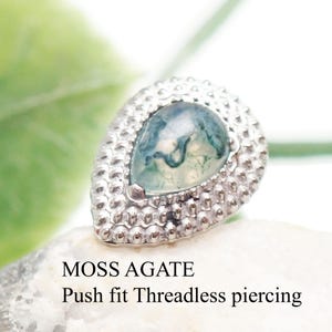 Implant titanium Push fit  threadless MOSS AGATE   Piercing. 20g. 18g, 16g, 14g,  Cartilage, , tragus, conch, ear piercing Single or Pair