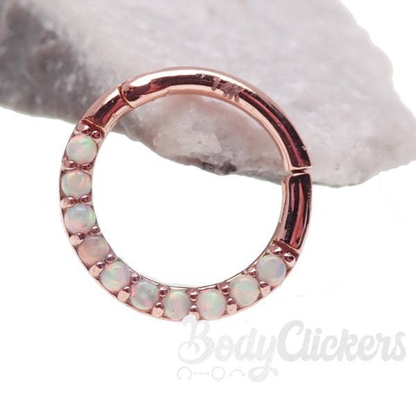 14k Solid Rose Gold Cabochon Opal Hinged Clicker Ring 16g (1.2mm) Septum, Daith, Helix, Cartilage, Tragus, Smiley, Web,