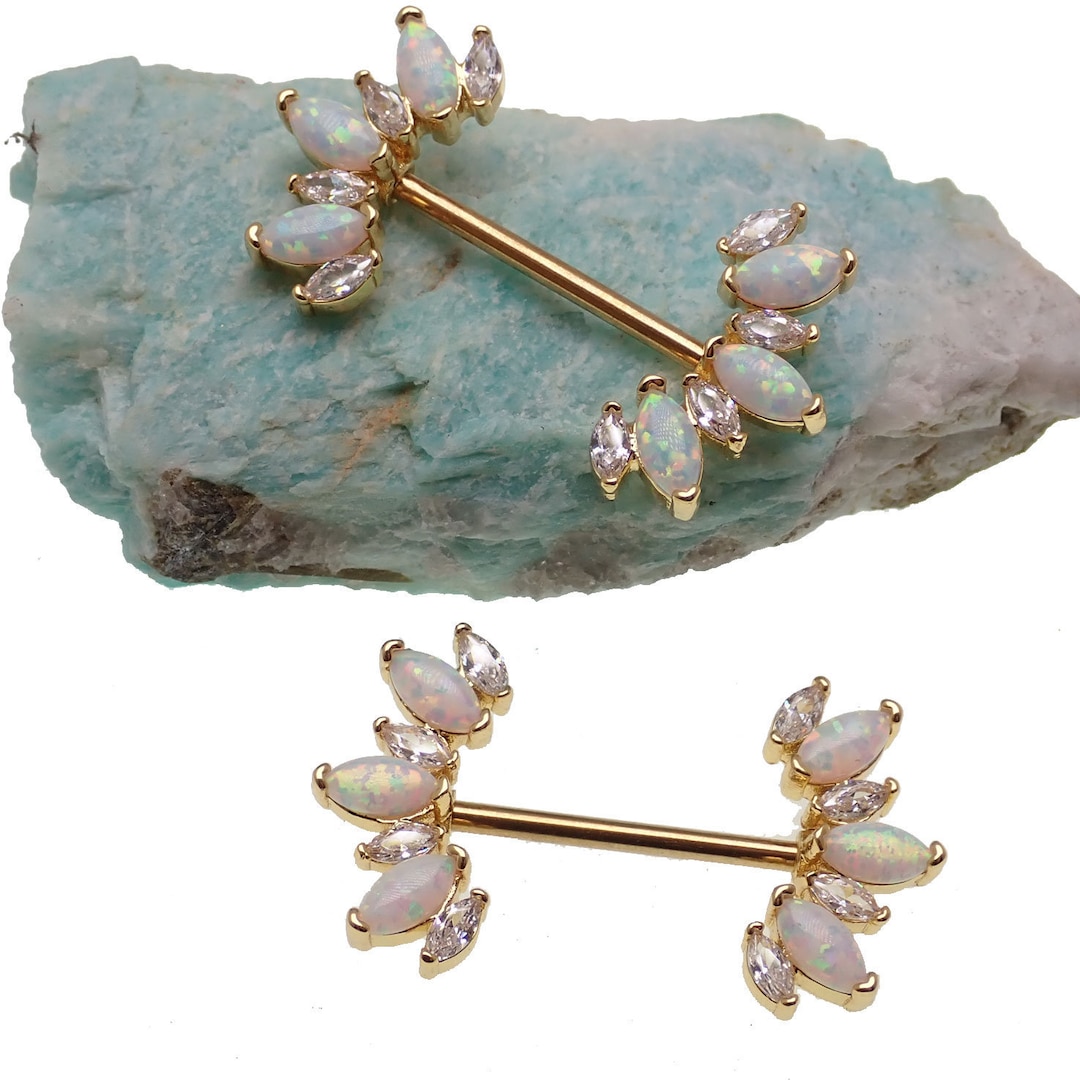 White Opal & Clear CZ Gold-Dipped Nipple Bars 14g