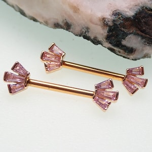 pair 14g or 16g   Cubic Zirconia Crown Gold Surgical Steel Nipple Barbell Ring ( Pink, Purple , clear)