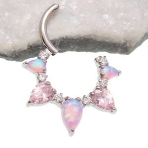 Bubblegum pink fire opal / Pink CZ  8mm, 10mm Titanium Clicker · Septum/Helix/Daith/ ·16g sold in singles, Hypoallergenic