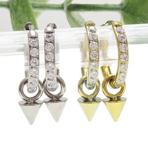 Implant  Titanium Clear CZ Earring Hoops & cone charms Earrings 20g , 10mm hoops Sold in Pairs, gold, silver,, hypoallergenic , ideal gift