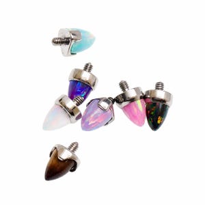 Könnte beinhalten: Eine Sammlung von Körperschmuck-Steckern mit konischem Design. Die Stecker weisen eine Vielzahl von Farben auf, darunter Blau, Lila, Rosa, Weiß und Braun. Jeder Stecker hat eine silberfarbene Basis und einen Gewindeschaft zum Einsetzen.