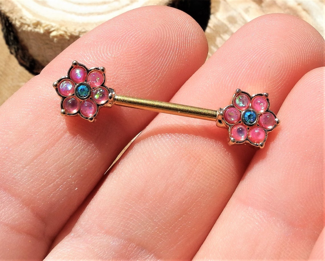 Gold starburst pink Opal flower nipple rings 316L surgical Etsy