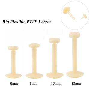 May include: Four beige Bio Flexible PTFE Labret studs in varying lengths: 6mm, 8mm, 10mm, and 12mm. Each stud features a flat, circular top and a straight post. A smaller version of the stud is shown in a circle in the upper right corner.