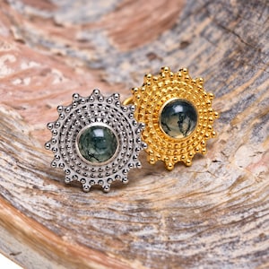 Moss Agate Implant Grade Titanium Push Fit Flatback Piercing 14g, 16g, 18g, 20g, natural stone, helix, lip, ear, cartilage