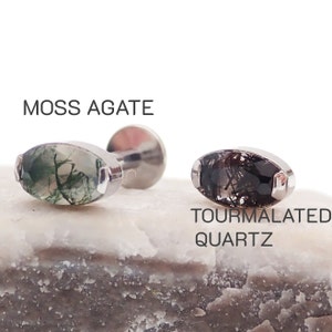 Moss Agate / Tourmalated Quartz Oval Implant Titanium Flatback Piercing 18g, 16g, 14g