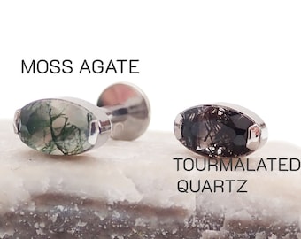 Moss Agate / Tourmalated Quartz Oval Implant Titanium Flatback Piercing 18g, 16g, 14g, Single Piercing