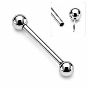 May include: A polished, silver-colored barbell body piercing with two spherical ends. The barbell is straight, with a smooth, reflective surface. A close-up inset shows the barbell's post and a single ball end.