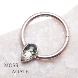 16g Moss Agate natural stone teardrop septum/ daith clicker  ring  8mm, 10mm Implant Grade Titanium , hinged clicker
