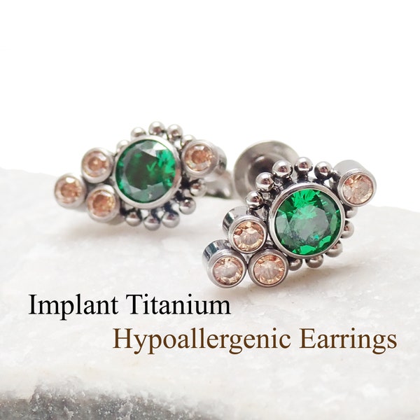 Implant grade Titanium Earrings,   Emerald and Champagne  CZ earrings ,Sensitive ear, 20g pair. wear all day , swim, shower, sleep