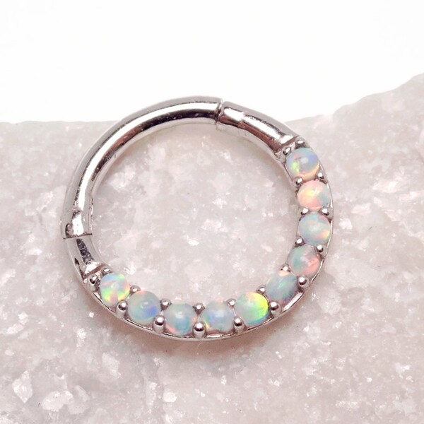 14k Solid White Gold Cabochon Opal Hinged Clicker Ring 16g (1.2mm) Septum, Daith, Helix, Cartilage, Tragus, Smiley, Web