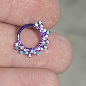 16g Implant titanium hoop clicker, Sunburst CZ , Daith, septum , Blue , pink , clear CZ , 8mm 10mm hypoallergenic piecing jewelry