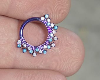 16g Implant titanium hoop clicker, Sunburst CZ , Daith, septum , Blue , pink , clear CZ , 8mm 10mm hypoallergenic piecing jewelry