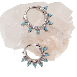 Turquoise CZ Surgical Steel Clicker Ring, Septum, Daith, Cartilage (16g/1.2mm)