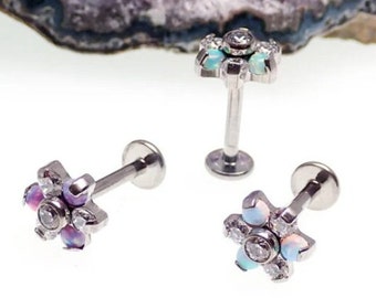 Opal & Clear CZ Flower Implant Titanium Flatback Piercing 18g, 16g, 14g