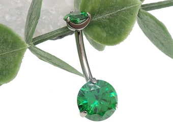 Implant Grade Titanium Emerald Green CZ , Internally threaded Prong Set (no glue) Belly Button Ring 6mm, to 12mm- autoclave safe, 14g
