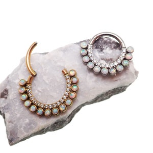White Opal and Clear CZ ,Aurora borealis CZ  8mm, 10mm Titanium Clicker · Septum/Helix/Daith/Conch ·16g