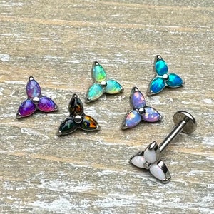 Trinity Flower Opal Implant Titanium Flatback post Piercing 18g, 16g, 14g, helix, lip, conch, cheek, lobe , internally Threaded