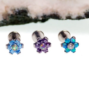 Opal & CZ Flower Implant Titanium Flatback Piercing 18g, 16g, 14g