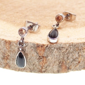 Implant grade Titanium Onyx natural stone / CZ champagne  earrings ,Sensitive ear, pair, hypoallergenic dangle earrings ,non tarnish